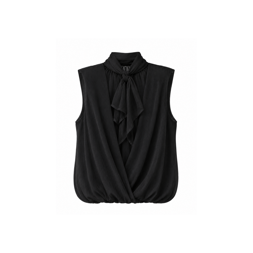 Blouse sans manches noir drapée devant avec col montant à nouer derrière !

Polyester 100, longueur : 40 cm&nbsp;

Fabriqué en Italie
