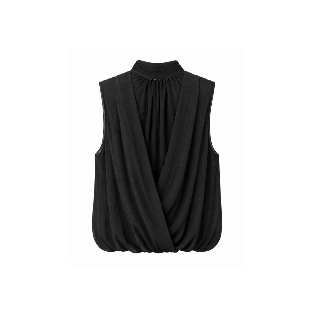 Blouse sans manches noir drapée devant avec col montant à nouer derrière !

Polyester 100, longueur : 40 cm&nbsp;

Fabriqué en Italie